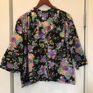 Vintage Black Blouse with Multicolored Flowers